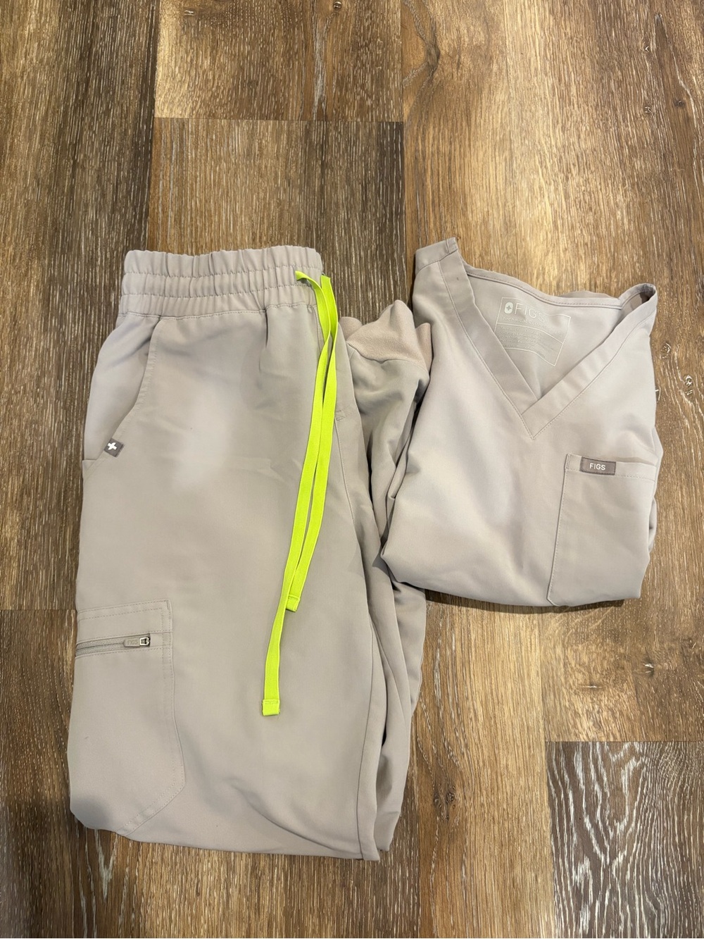 Figs Light Gray Scrub Set with Neon Yellow Drawstring